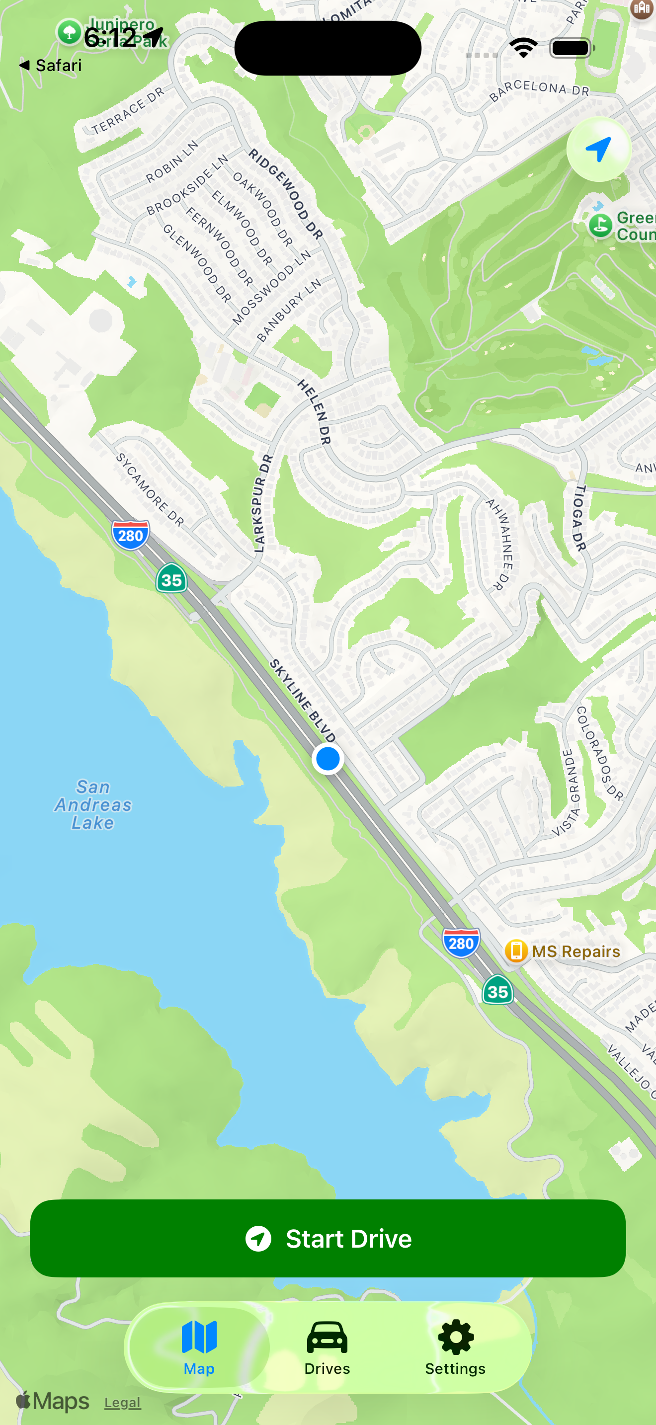 Map view showing drive route